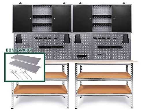 Ondis24 Werkstatteinrichtung 240 cm Werkbank Uwe, Metall, Lochwand mit Hakensortiment, 2 Werkstattschränke Arbeitshöhe 92 cm, inkl. Einlegeboden-Set