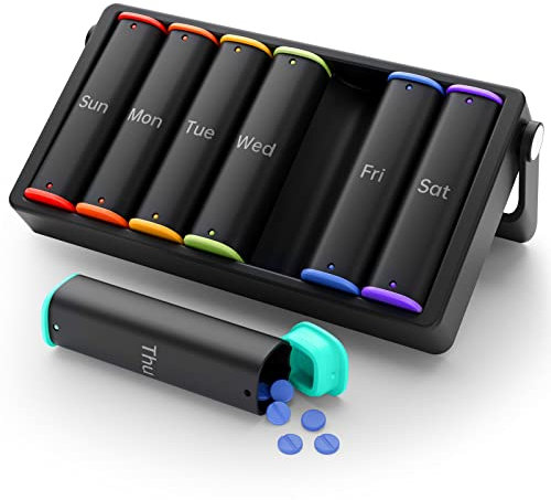 Tablettenbox 7 Tage Morgens Abends, KOVIUU Woche Pillendose 2 Fächer, Medikamentenbox Unterwegs, Pill Box，GroßeTabletten Tablettendose Organizer, Medikamentendose Pillenbox für Vitamine, Schwarz