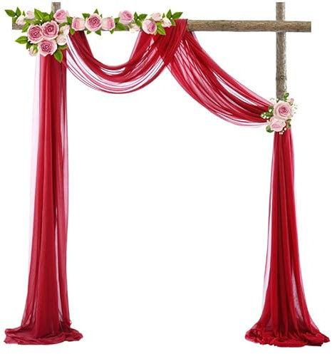 Querbehang Freihanddeko,Transparentem Voile Hochzeitsbogen Hochzeit Vorhang Deko Dekoschals Tüll Chiffon Foto Hintergrund Vorhangschal für Fotografie Party Geburtstag Taufe 75 * 400cm,Rot