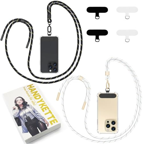 Qyoocom Handykette Universal für alle Smartphones,2 Stück Schlüsselband Kette zum Umhängen mit 4 Universelles Pad,Einstellbar und Abnehmbar. (Schwarz+weiß)