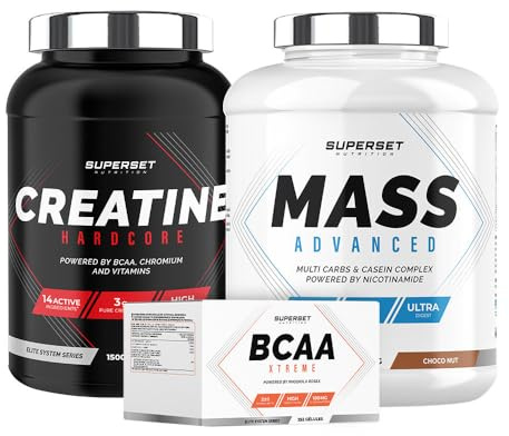 Superset Nutrition | Programme Prise De Masse Confirmé - Mass Advanced 2,5kg Choco Nut - Créatine Hardcore 1,5kg Tropical - Bcaa Xtreme