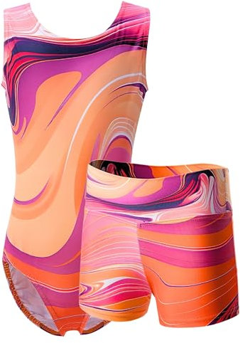 Dancina Turnanzug für Mädchen 2-teiliges Set Gymnastikanzug mit Hose für Kinder 152/158 Apricot/Lila