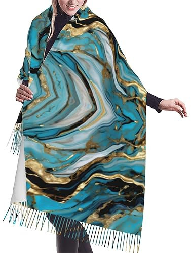 YQxwJL Warmer Winterschal für Damen, Pashmina-Schal, groß, warm, weich, Türkis, Blau, Gold, Marmor, Einheitsgröße