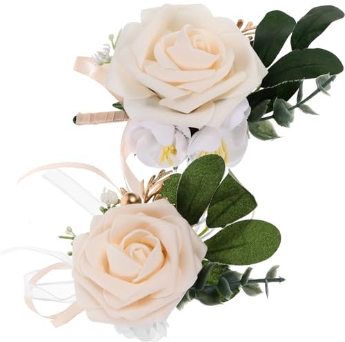 LIFKOME 1satz Hochzeitsanstecker Set Künstliche Blumenboutonniere Handgelenk-Corsage Teilig Champagnerfarbe Für Braut Bräutigam Brautjungfer Hochzeiten Besondere Anlässe
