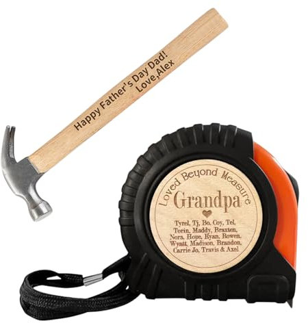 Personalisiertes Maßband- und Hammerwerkzeug-Set für Vater, individuell graviertes Maßband und Holzgriff, Hammer-Set, Valentinstag, Vatertag, Geburtstag, Geschenke für Vater, Ehemann, Opa (Stil 3)