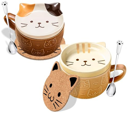 BigNoseDeer Lot de 2 Tasses à Café en Forme de Chat Kawaii Avec Couvercles Cadeaux D'anniversaire pour Femme Tasse à thé en Céramique Cadeau de Noël et D'anniversaire pour une amie femme fille