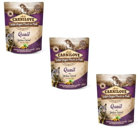 Carnilove Quail with Yellow Carrot | Pack de 3 | 3 x 300 g | Nourriture Humide pour Chiens Adultes | Caille avec Carotte Jaune | sans céréales | 85% de Viande et abats