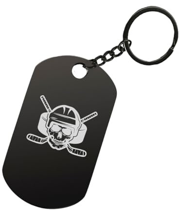 Schlüsselanhänger mit Hockey-Schädel und Lasergravur, Stahl, Schwarz