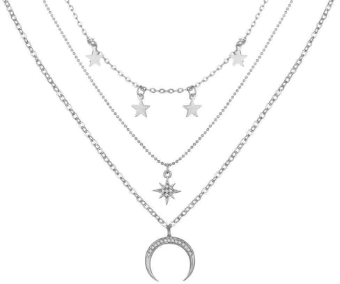 HSAJS Kette Damen Halskette Layered Set mit Stern Mond Anhänger Verstellbare Halskette Boho Kette Hypoallergene Modeschmuck Geburtstags und Weihnachten Geschenk
