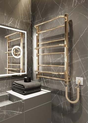 Elna® Scaldasalviette Elettrico Oro PVD 81x53 cm, 133W - Termosifone Bagno in Acciaio Inox 304 con Mensola, Timer & Termostato, IP44 - Scaldasalviette a Parete