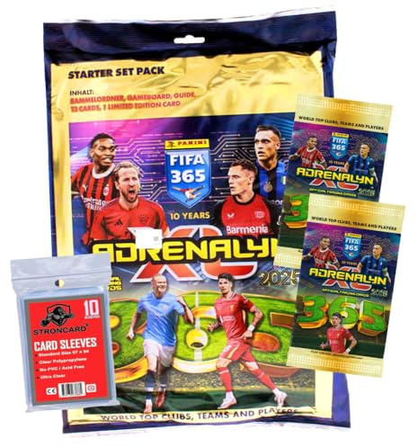 Bundle mit Panini FIFA 365 Karten 2025 - Adrenalyn XL Trading Cards - Exklusive STRONCARD Sammelkarten Hüllen - 1 Starter + 2 Booster