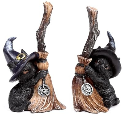 Puckator Figurine en résine de Chat Noir avec Chapeau de sorcière et Balai Magique - Peint à la Main, décorations Maison extravagantes et détails