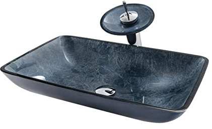 Fregadero de baño de vidrio templado azul mar, lavabo de vidrio templado, instalación de encimera, recipiente rectangular de baño, lavabo artístico con grifo de cascada de latón, dra emergente,