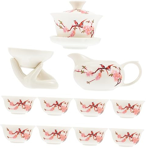 HOLIDYOYO Juego De Té De Kung Fu Chino De Cerámica, Conjunto De 12 Piezas Estampado De Flor De, Resistente Al Calor, Portátil Hogar y Oficina, Embalaje Para Obsequio