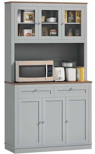 HOMCOM 71 Kitchen Pantry Cabinet, Freestanding Kitchen Hutch with Microwave Stand, 2 Drawers and Adjustable Shelves, Bar Cabinet with Glass and Recessed Doors for Dining Room, Gray