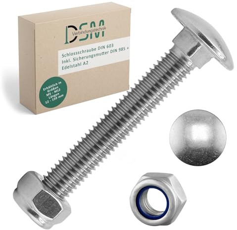 DSM – Tornillos M8 x 150 mm según DIN 603 – Tuerca de seguridad M8 DIN 985 – Acero inoxidable A2/V2A – Tornillos de cabeza redonda plana con cuello cuadrado – Tuercas autobloqueantes con pieza de