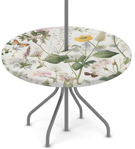 Woltant Tovaglia rotonda con foro per ombrellone e cerniera, facile da pulire, con bordi elastici, protezione per tavolo da esterni, per giardino, patio, barbecue (Wildflowers, erba, farfalle)