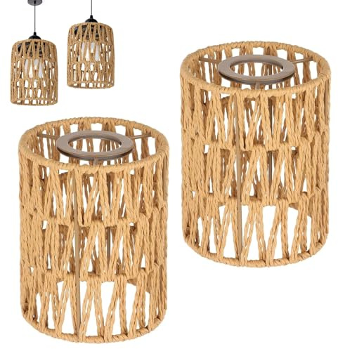 2 Stück Lampenschirm Boho, Zylinder Rattan Lampenschirm Outdoor Papierlampenschirm Lampenschirme für Hängelampen Deckenleuchten Pendelleuchten Stehlampe