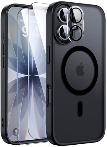 Yohii Funda Magnética para iPhone 17 con 2 Piezas Cristal Templado y 1 Protector Cámara, Compatible con mag-Safe, Grado Militar Carcasa Translúcida Mate Trasera Fina Antigolpes (Negro)