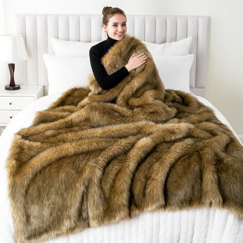 Battilo Kunstpelz-Decke Ocker extra dick flauschig 125x150cm | extra dicker Kunstpelz, luxuriöse Wärme, hautfreundlich, für Sofa/Bett, Trockenreinigung