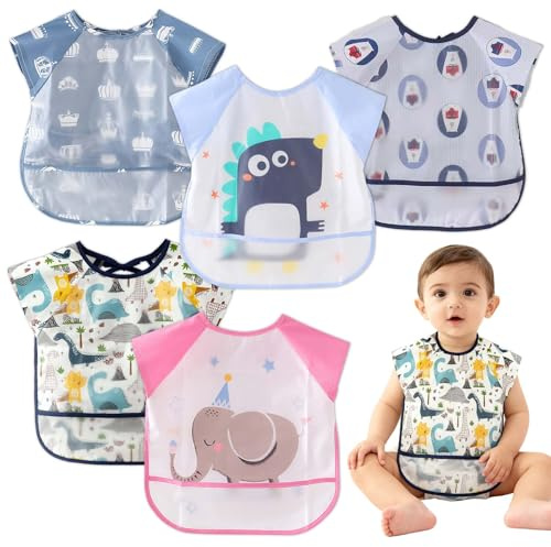 Lunaanda Bavaglino Neonato,5 Pezzi Bavaglino Per Lo Svezzamento Con Maniche Corte,Bavaglino Impermeabile,Bavaglini Pappa Con Tasca,Bavaglie Unisex,Piccoli da 0 a 3 Anni,Disegnare,Giocare E Mangiare