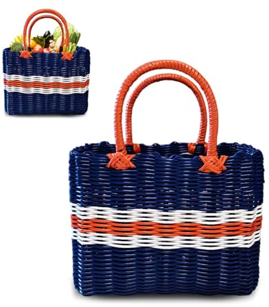 EAZHOP Tasche Einkaufskorb Geflochten, Korbtasche Handtasche, Blau | Korbtasche Handtasche, Strandtasche Stroh Kunststoff Shopper, Boho Basttaschen Damen Sommer, Wasserdicht Einkaufstasche
