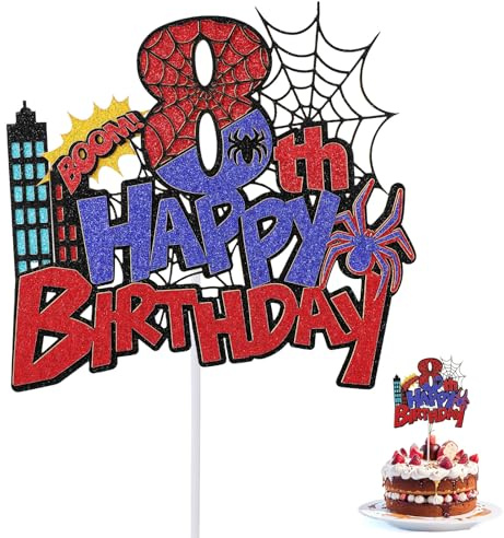 Spider Joyeux Anniversaire Tortenaufsatz, Paillettes Durables Fournitures Décoration Gâteau d'Anniversaire Sur Thème Dessin Animé d'Araignée Rouge et Bleue für Garçons Filles (Numéro 8)