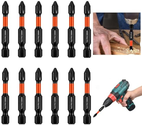 12 Pack PH2 Impact Screwdriver Bits, 50mm Magnetic Phillips Driver Bits | S2 steel, 1/4 inch hex shank for impact drivers, power drills, furniture assembly and DIY