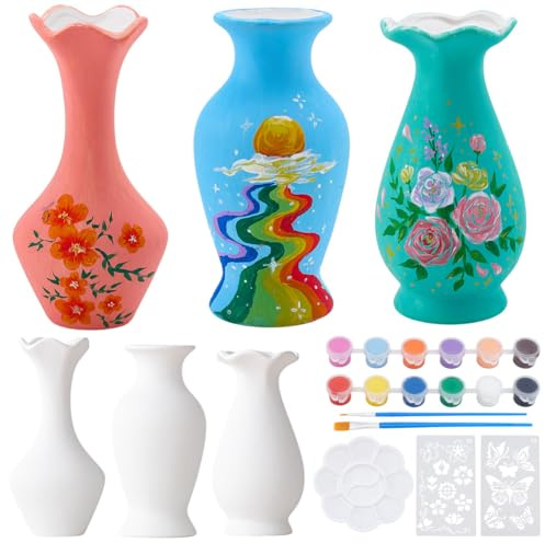 WEBEEDY 3 Set Keramikvasen Malset Für Erwachsene Anfänger Malen Sie Ihr Eigenes Blumenvasen Bastelset Weiße Keramikvase Mit Schmetterlings Und Blumen Schablonen Farbe Bürsten Paletten