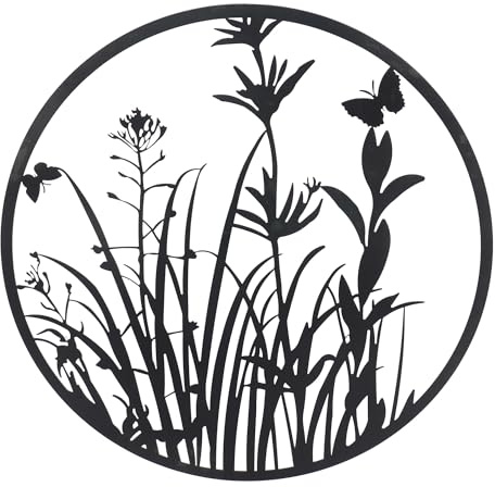 UNUS Metall-Aufhänger Pflanzenmotiv rund Ø 60 cm in Schwarz dekorative Wanddeko für innen und außen