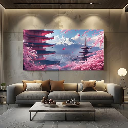 Decoration Murale Salon style japonais Fleurs de Cerisier Peinture 60x120cm | Grand Tableau Asiatique Mont Fuji Impression sur Toile Murale à l'encre Torii Peinture pour Chambre et Bureau, Art Decoratif