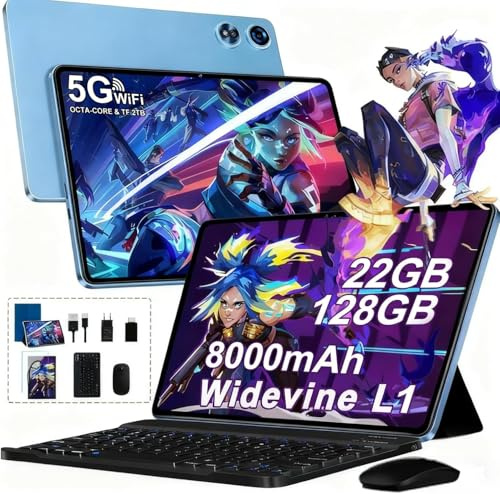 Tablet 10 Zoll Android Octa-Core 22GB RAM + 128GB ROM ( 2TB TF ), Widevine L1, 5G+2.4G WiFi, GMS, BT 5.0, 8000mAh, 8+5MP, 1280*800, GPS, Type C, 2026 Neueste 2-in-1 Tablet with Keyboard, Mouse - Blue