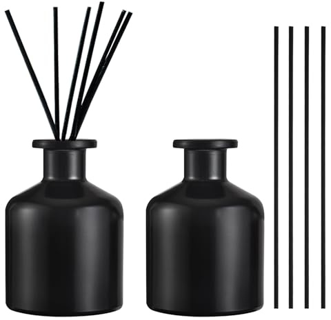 2 Piezas 150ml Ambientador Varillas, Botellas de Vidrio Difusor, Botellas Difusoras, con 10 Varillas, para Aromatización de Ambientes y Aromaterapia, para Hogar, Oficina, Repuesto DIY(Negro)