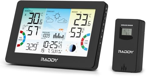 Raddy HW75 Stazione Meteo Wireless, Schermo a Colori 7,5, Termometro Igrometro Interno Esterno, Pressione Barometrica, Orologio Atomico, Indice di Calore, Punto di Rugiada, Fase Lunare, Giardino
