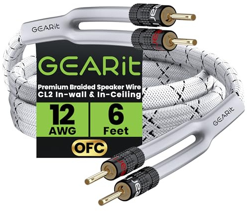 GEARit Speaker Cable with Banana Plugs White 12 Gauge 6 ft,Speaker Cable CL2 Rated 12AWG OFC,Heavy Duty Braided 12 Gauge Speaker Wire for Audiophiles,Hi-Fi Systems,Home Cinema,Amplifiers & Speakers