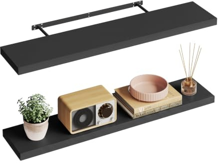 WOLTU Wandregal,Schweberegal Schwarz,110x22.9x3.8cm,MDF 2er | Wandregal 2er Set, Regalbrett, freischwebend Schweberegal, Wand Regal Wandboard für Büro, Wohnzimmer, Schlafzimmer, Küche