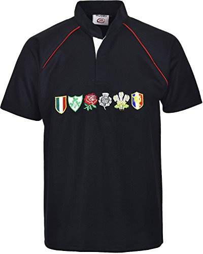 Mens Rugby 6 Nations Supporter Fan Half Sleeve Grandad Collar Style T Shirts with Embroidered Logo Size S to XXL (Black, L)