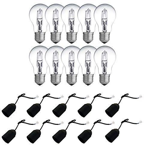 NCC-Licht 10 x Halogen Glühbirne 42W = 60W E27 klar dimmbar Glühlampe 2000h + 10 x Baufassung Lampenfassung 630lm warmweiß 2700K