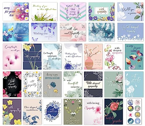 Sympathy Cards with Envelopes and Stickers, 30 Unique Designs with Messages Inside, Large 5x7 Inch Folded Condolence Cards, Thick Cardstock in a Sturdy Box