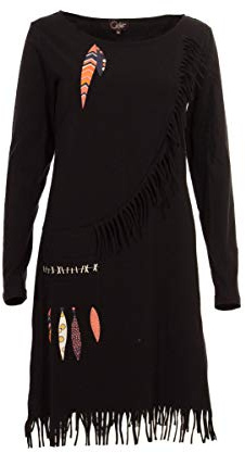 Coline Vestido Gitano con Flecos, Manga Larga (Negro, M)