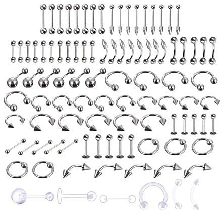 LuLyL 92 Stück (92 Stück) 16 Stile 316L Edelstahl 6 Stück transparente Bauchnabelringe für Körper Zunge Nase Ohr Lippe 91 Stück (1) Stahl