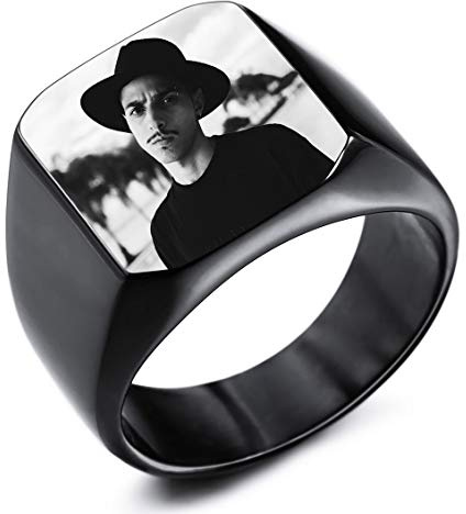 INBLUE Personalisierte Siegelring Gravur Farbbild/Schwarzes Bild/Keine Gravur Benutzerdefiniert Foto für Männer Jungen Frauen Mädchen Memorial Edelstahl-Schmuckpaket mit Ring Größen Einstellen