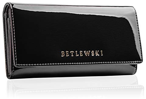 BETLEWSKI - Geldbörse für Damen aus Leder - RFID Blocker Karten Portemonnaie - Geldbeutel Mittelgroß - Lackierte Natur Ledergeldbörse mit vielen Kartenfächer und Münzfach in Schwarz - 10 x 18 x 4 cm