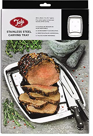 Tala Performance Stainless Steel Carving Tray, with 5 Spikes to Hold Meat Whilst Carving, 35.5cm x 25 cm