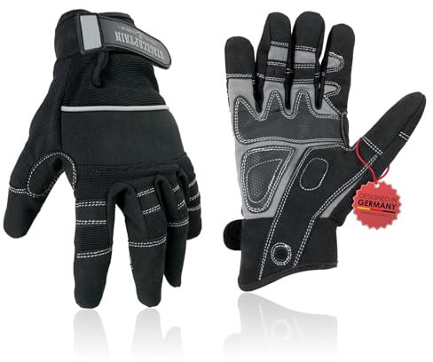 Stagecaptain RGL-5F Rigger Handschuhe - Arbeitshandschuhe für Herren - Größe L - lange Finger und Innenfläche aus Kunstleder - Aufgesetzte Verstärkungen - Schwarz/Grau