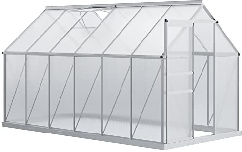 Outsunny Invernadero Policarbonato Aluminio de Jardín 190x375x199 cm 7,1m² Caseta de Exterior con Base Puerta Corredera y 2 Tragaluces para Cultivo Plantas Semillas Transparente