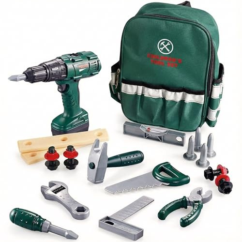 The Magic Toy Shop Kids Tool Set with Backpack & Working Drill - Construction Toys Kit for Pretend Play DIY with Wrench, Screwdriver - Workshop Accessories for Boys & Girls Aged 3+