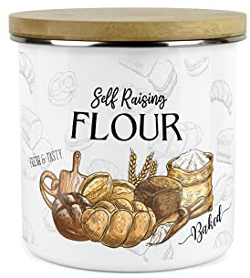 Purely Home Self Raising Flour Storage Canister - The Bakery Range - White Metal Enamel Kitchen Food Pantry Jar