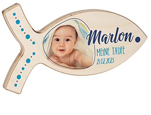 Striefchen® Personalisierter Deko-Fisch aus Holz für Taufe, Kommunion und andere Anlässe 19,5 cm x 11 cm x 1 cm (B/H/T) mit eigenem Foto Blau