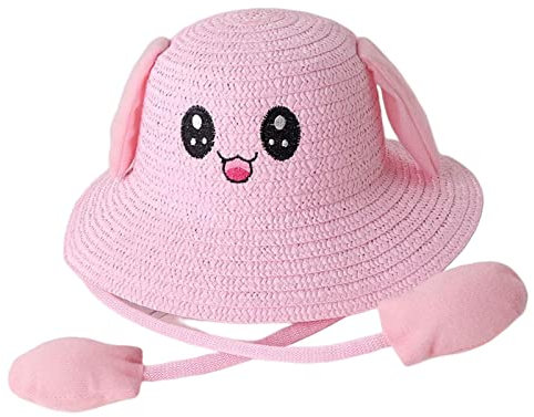 F Fityle Strandhut Stroh mit Beweglich Ohren, Damen Strohhut mit Hasen Ohren Atmungsaktiv, Sonnenhut UV Schutz, Sommer Fischerhut Lustig Sommerhut Breite Krempe für Reisen, Urlaub, ROSA